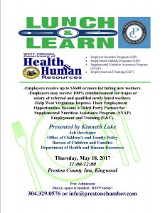 Lunch and Learn with Kenneth Lake, Job Developer WV DHHR @ Preston County Inn | Kingwood | West Virginia | United States