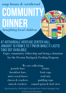 Soup Beans and Cornbread Community Dinner @ Arthurdale Heritage Center Hall | Arthurdale | West Virginia | United States